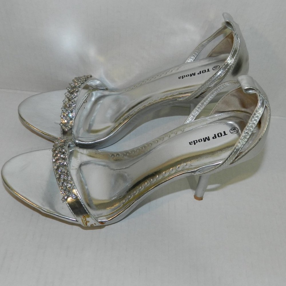 Top Moda 3-inch heels, silver with rhinestone accented band across the toes